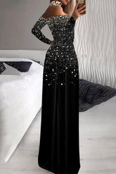Vestido de noche elegante con cuello alto, lentejuelas y abertura con estampado formal (sin lentejuelas)